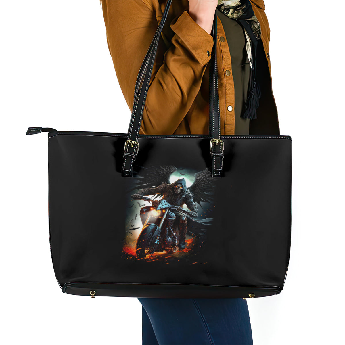 Flaming Skull Leather Tote Bag Celestial Riders with Angel Wings DT01