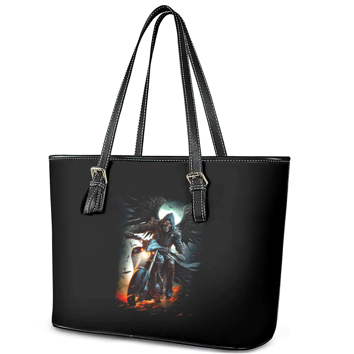 Flaming Skull Leather Tote Bag Celestial Riders with Angel Wings DT01