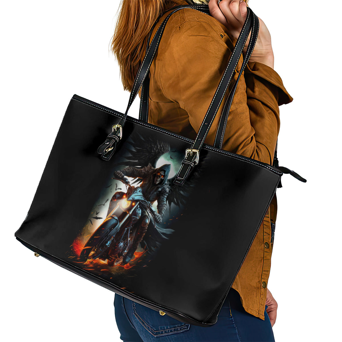 Flaming Skull Leather Tote Bag Celestial Riders with Angel Wings DT01