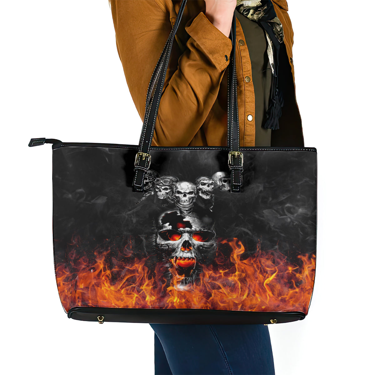 Flaming Skull Hoodie Leather Tote Bag Spectral Pyre DT01