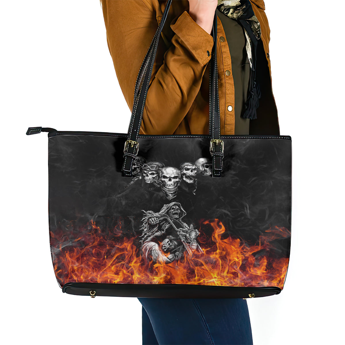 Skull Leather Tote Bag Five Skull With Motocycle DT01
