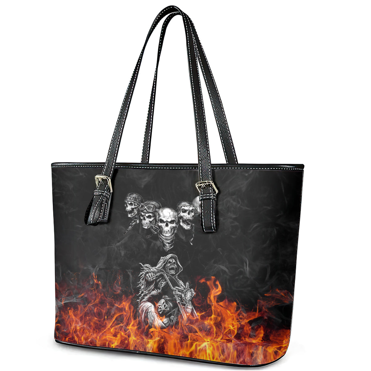 Skull Leather Tote Bag Five Skull With Motocycle DT01