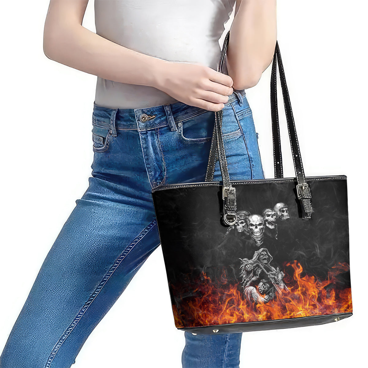 Skull Leather Tote Bag Five Skull With Motocycle DT01