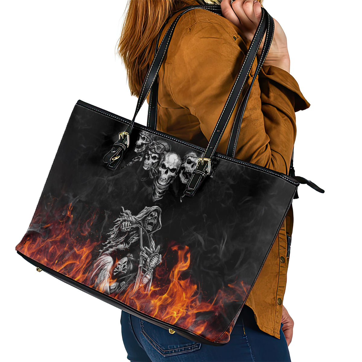 Skull Leather Tote Bag Five Skull With Motocycle DT01