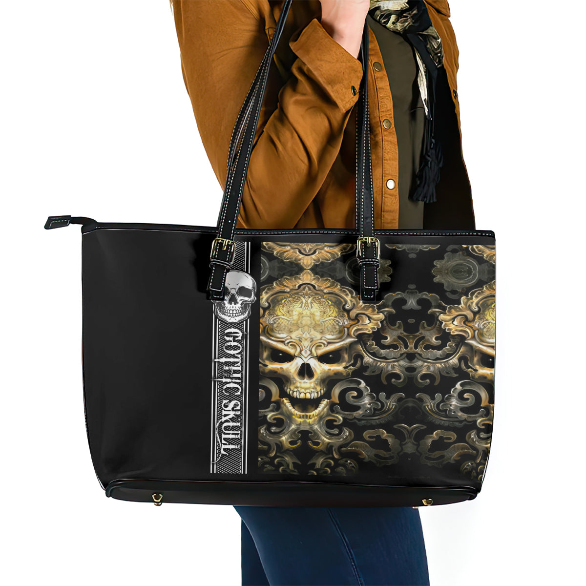 Golden Gothic Skull Leather Tote Bag Embracing Ancient Elegance DT01