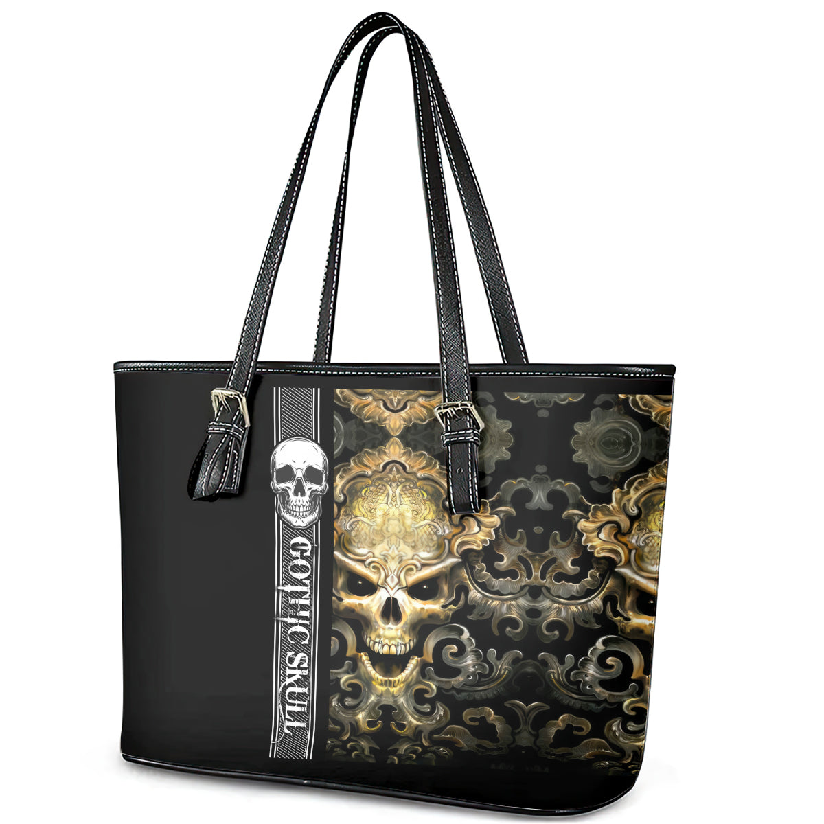 Golden Gothic Skull Leather Tote Bag Embracing Ancient Elegance DT01