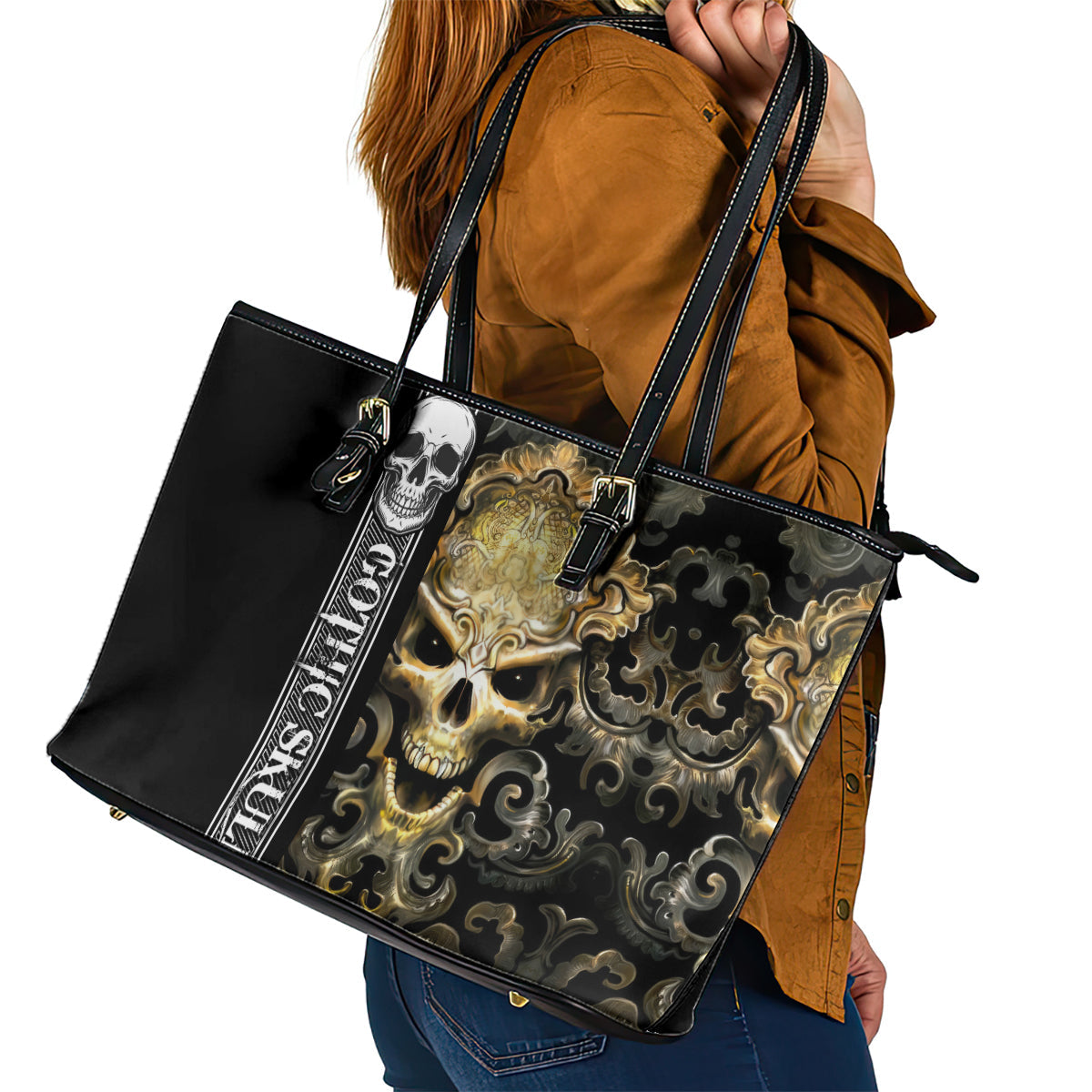 Golden Gothic Skull Leather Tote Bag Embracing Ancient Elegance DT01