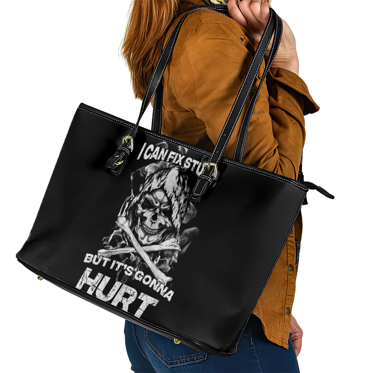 Skull Leather Tote Bag I Can Fix Stupid DT01