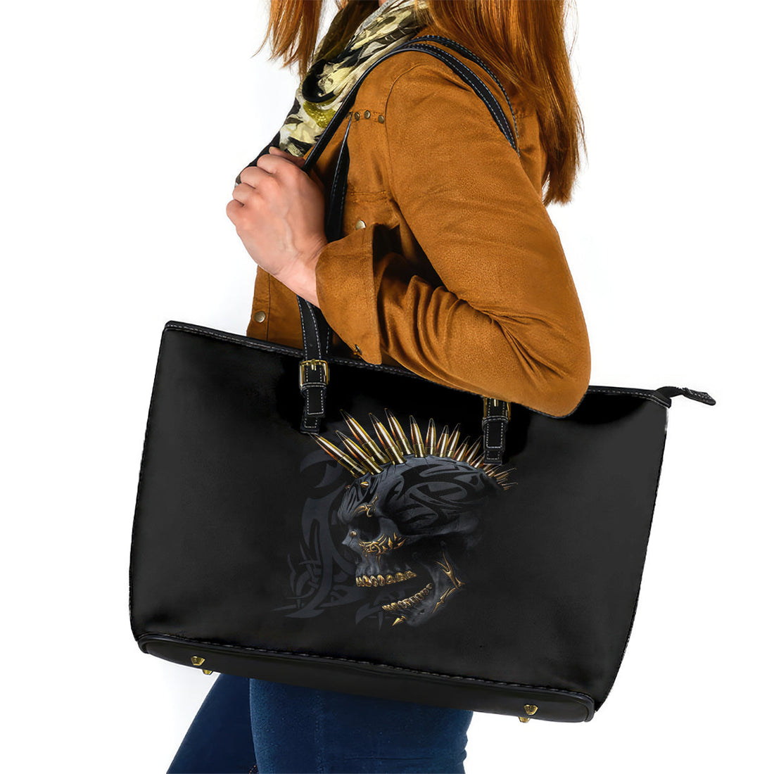 Skull Leather Tote Bag Golden Skull Gangster DT01