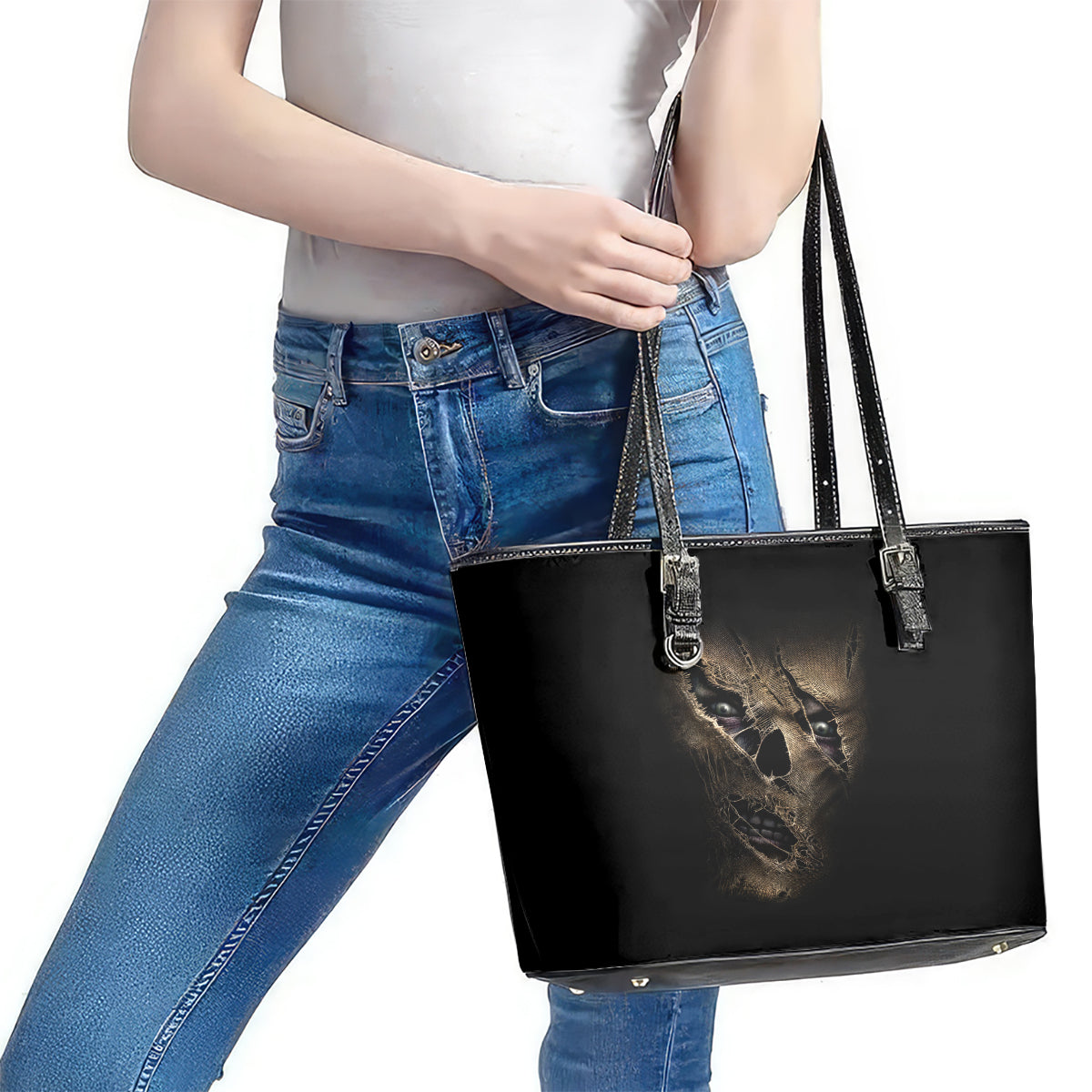 Skull Leather Tote Bag Mummy Face Inside DT01