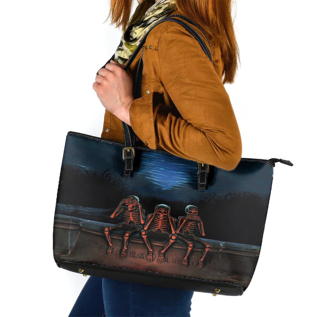 Skull Leather Tote Bag Three Skeleton No See No Speak No Hear DT01