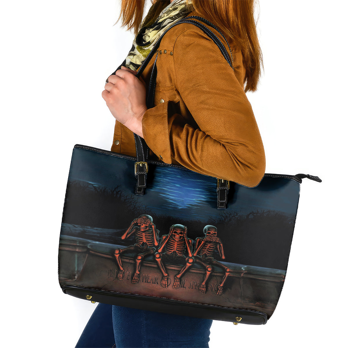 Skull Leather Tote Bag Three Skeleton No See No Speak No Hear DT01