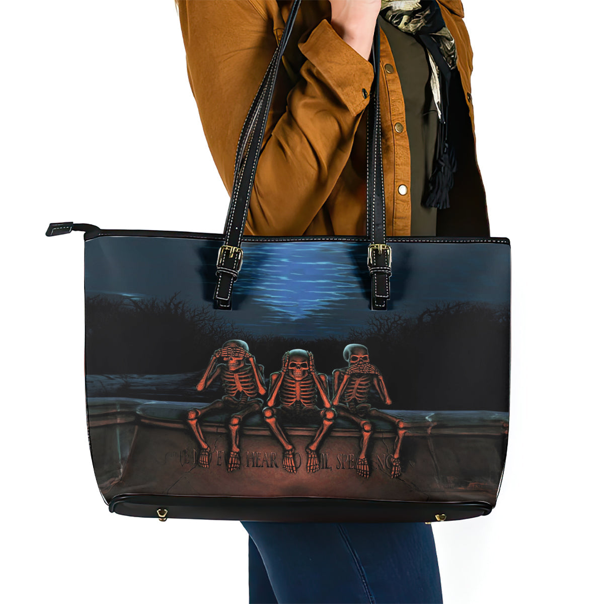 Skull Leather Tote Bag Three Skeleton No See No Speak No Hear DT01