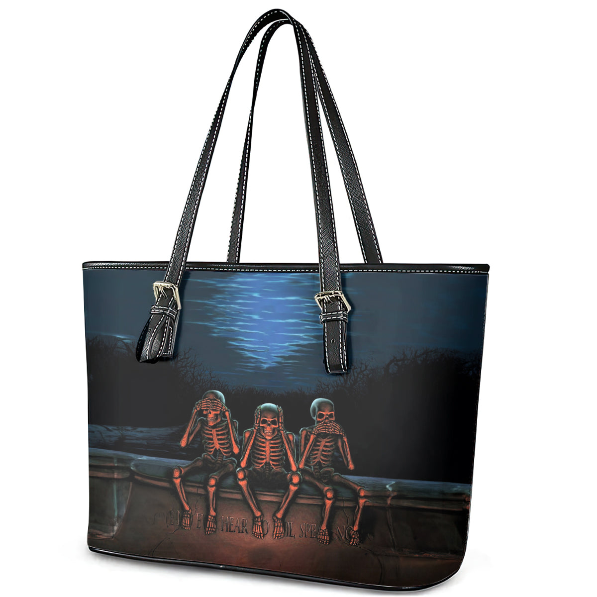 Skull Leather Tote Bag Three Skeleton No See No Speak No Hear DT01