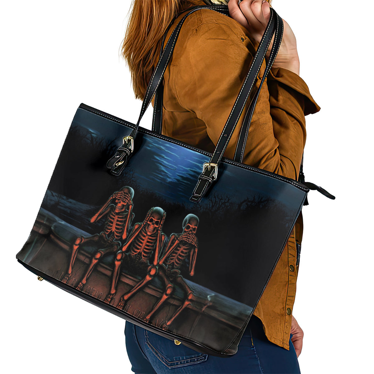 Skull Leather Tote Bag Three Skeleton No See No Speak No Hear DT01