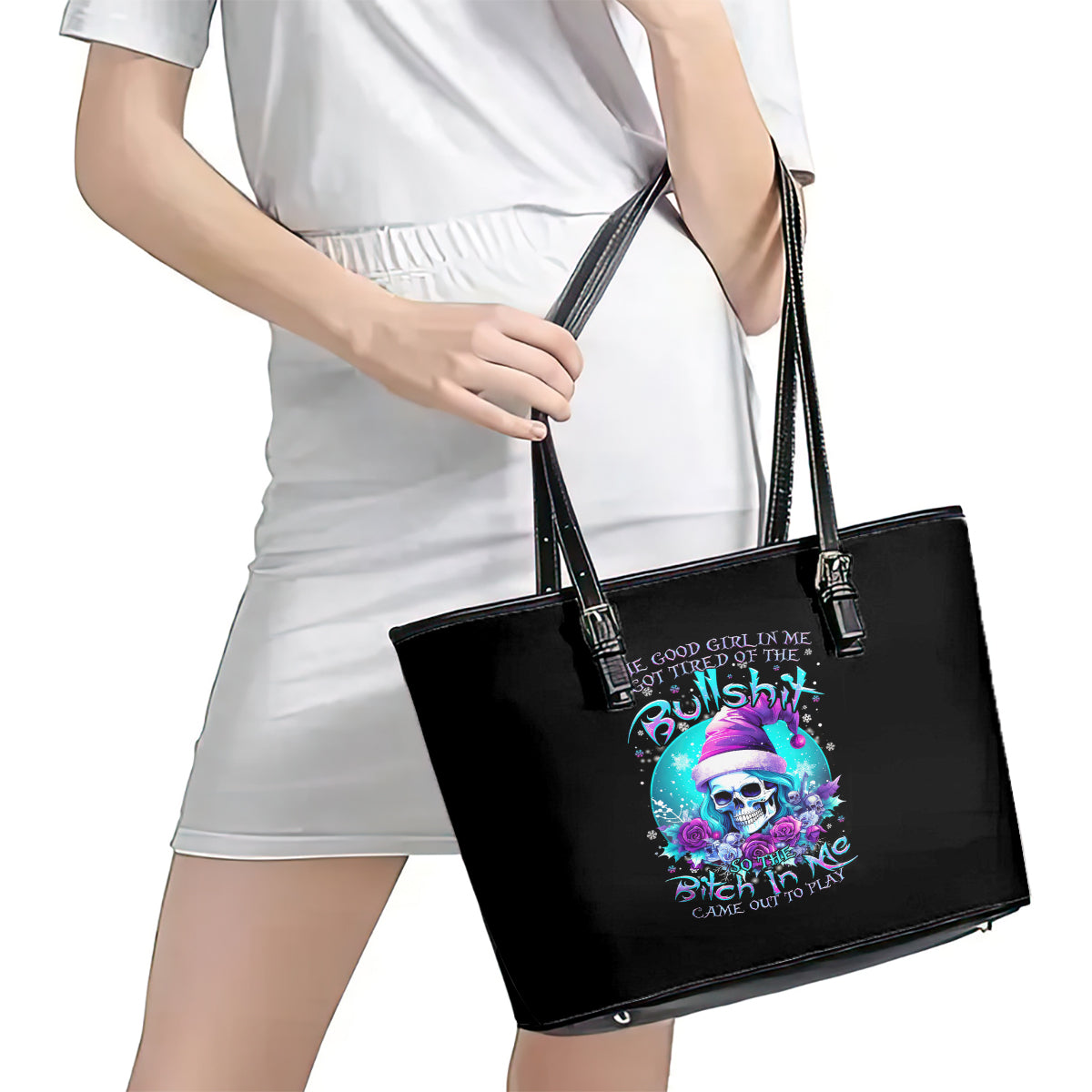 Skull Witch Santa Leather Tote Bag The Good Girl In Me Got Tired So Bitch In Me Came Out DT01