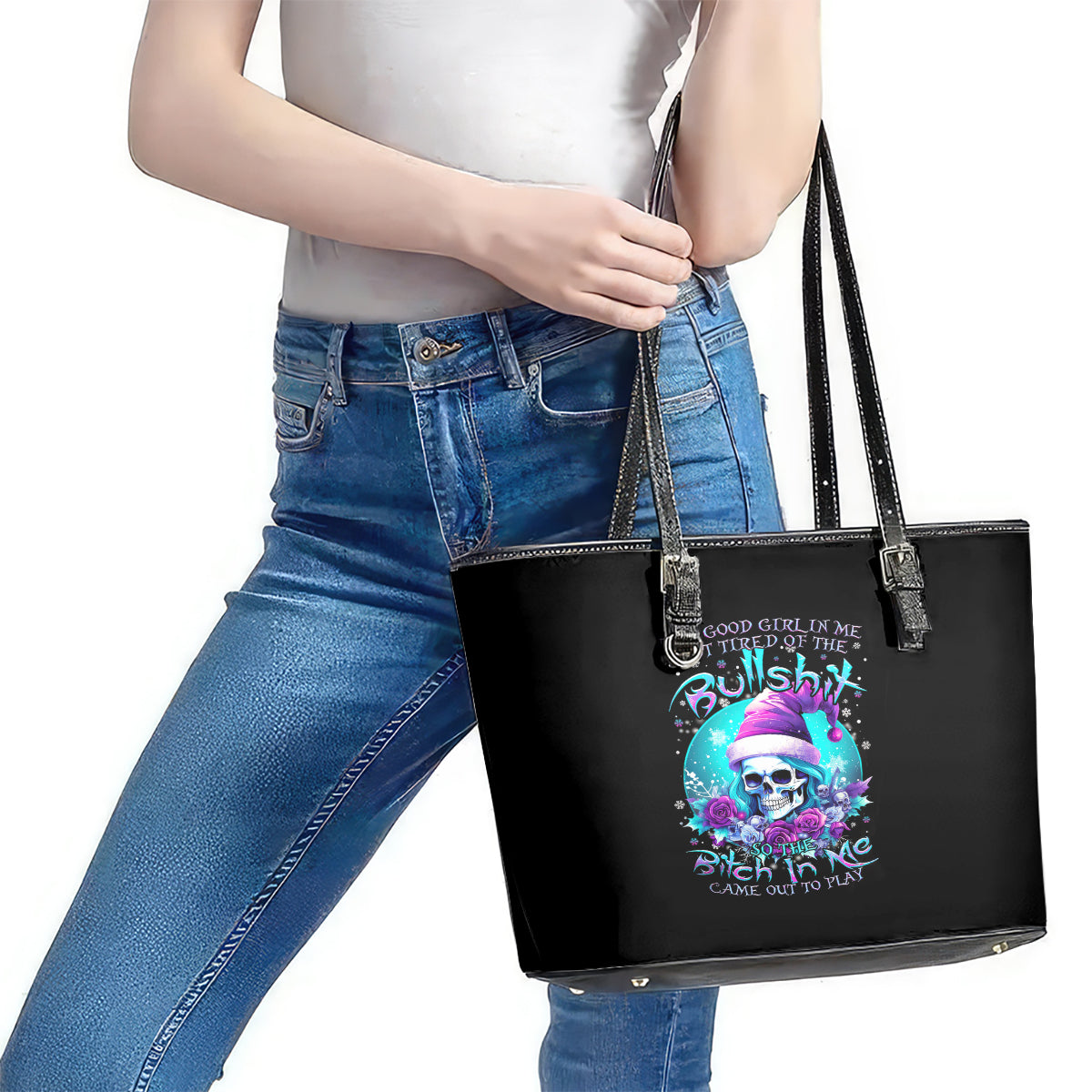 Skull Witch Santa Leather Tote Bag The Good Girl In Me Got Tired So Bitch In Me Came Out DT01