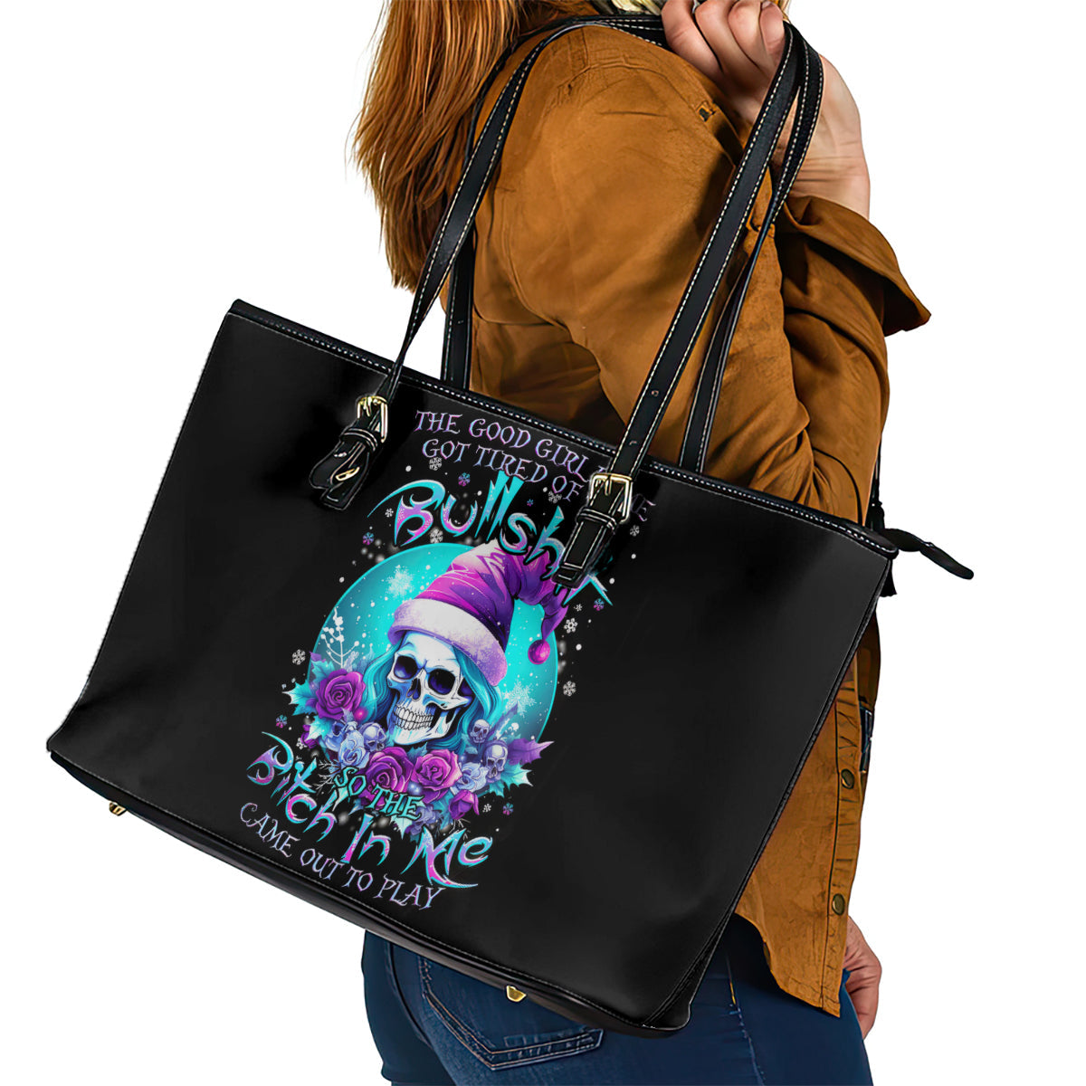 Skull Witch Santa Leather Tote Bag The Good Girl In Me Got Tired So Bitch In Me Came Out DT01