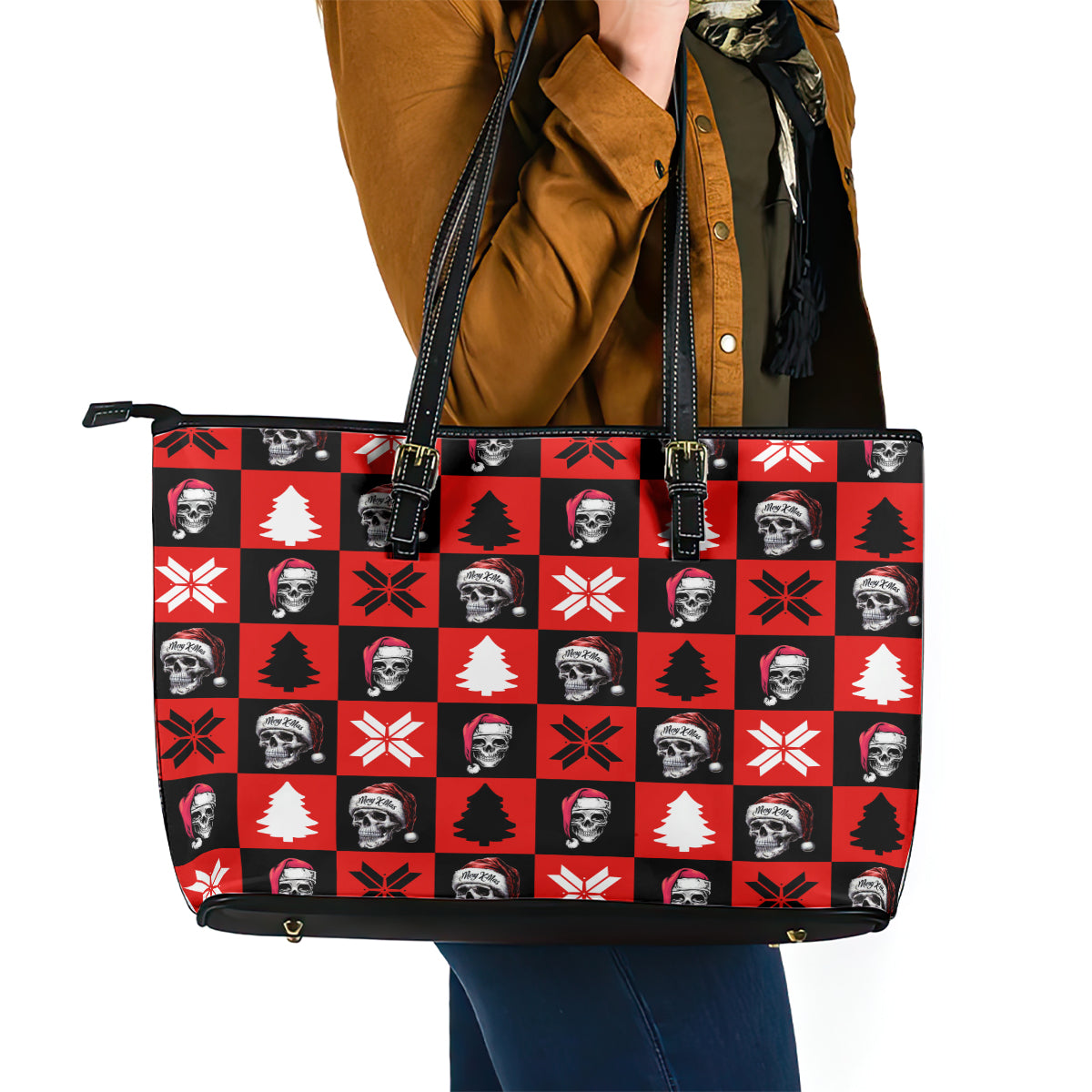 Scary Skeleton Leather Tote Bag Skeleton Inside Ugly Christmas DT01