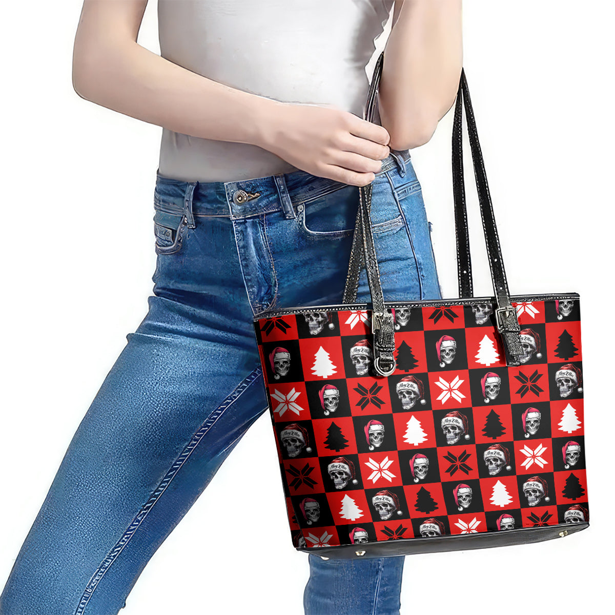 Scary Skeleton Leather Tote Bag Skeleton Inside Ugly Christmas DT01