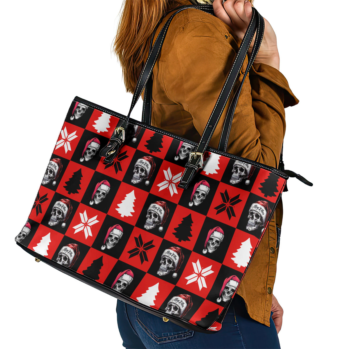 Scary Skeleton Leather Tote Bag Skeleton Inside Ugly Christmas DT01