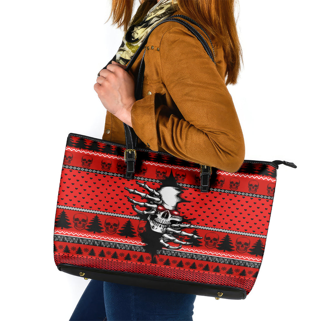 Skull Santa Leather Tote Bag Pattern Skull Santa Ugly Christmas DT01
