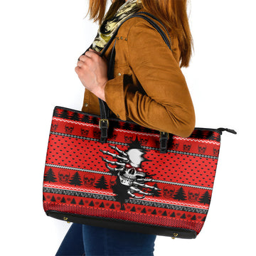 Skull Santa Leather Tote Bag Pattern Skull Santa Ugly Christmas DT01