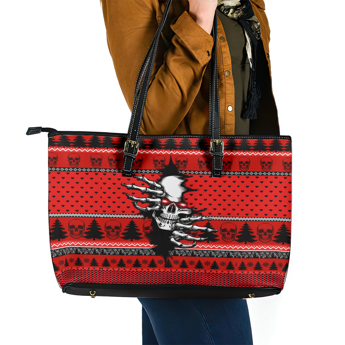 Skull Santa Leather Tote Bag Pattern Skull Santa Ugly Christmas DT01