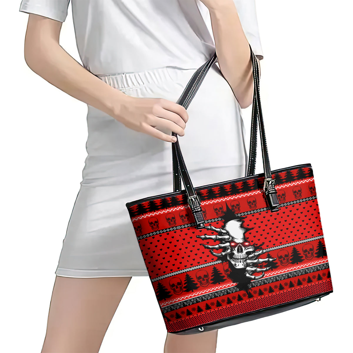 Skull Santa Leather Tote Bag Pattern Skull Santa Ugly Christmas DT01