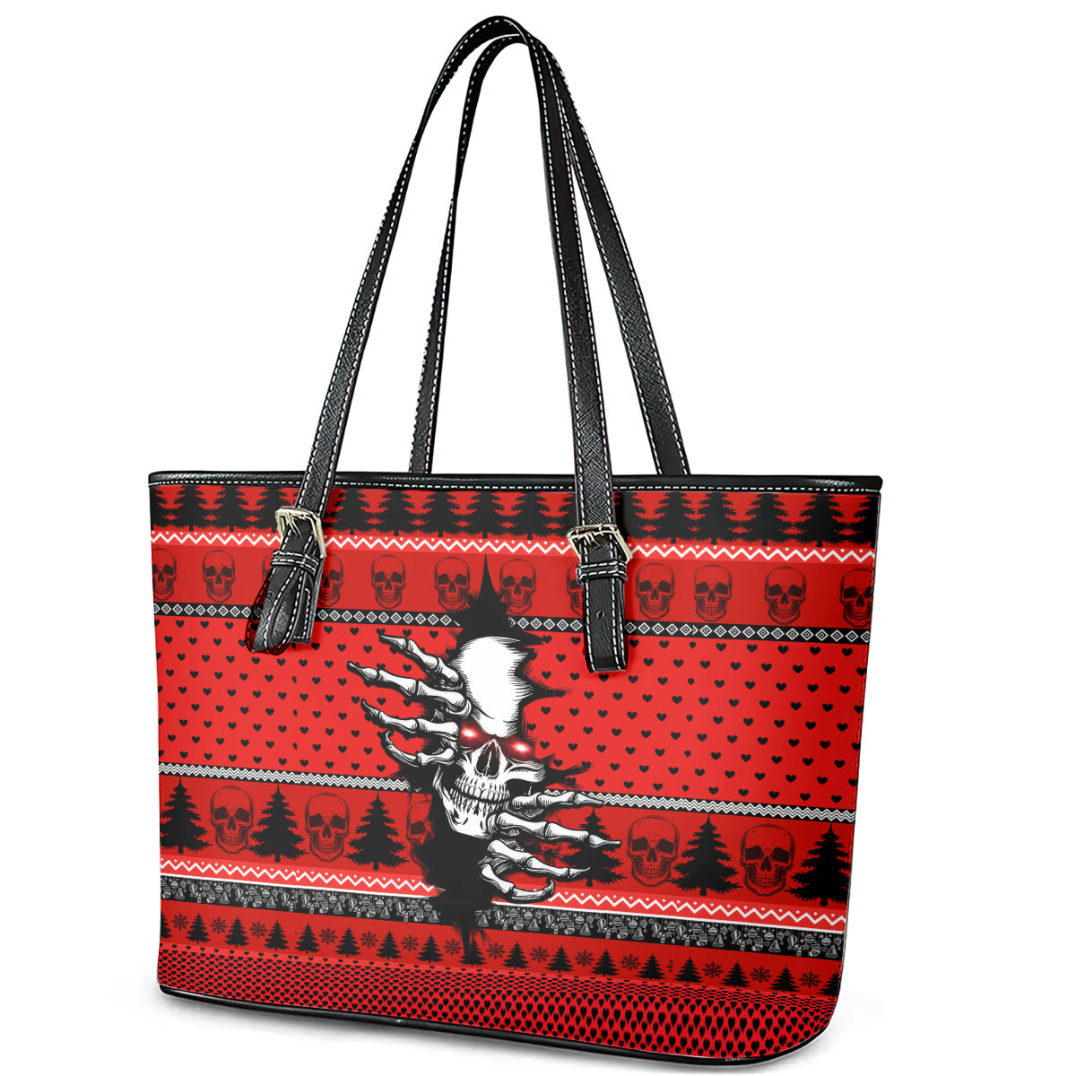 Skull Santa Leather Tote Bag Pattern Skull Santa Ugly Christmas DT01