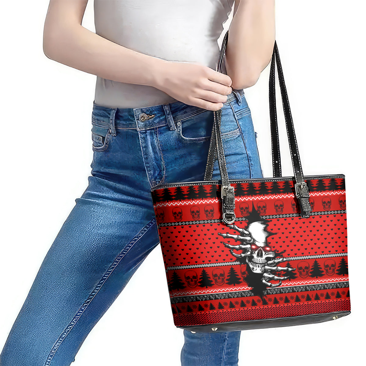 Skull Santa Leather Tote Bag Pattern Skull Santa Ugly Christmas DT01