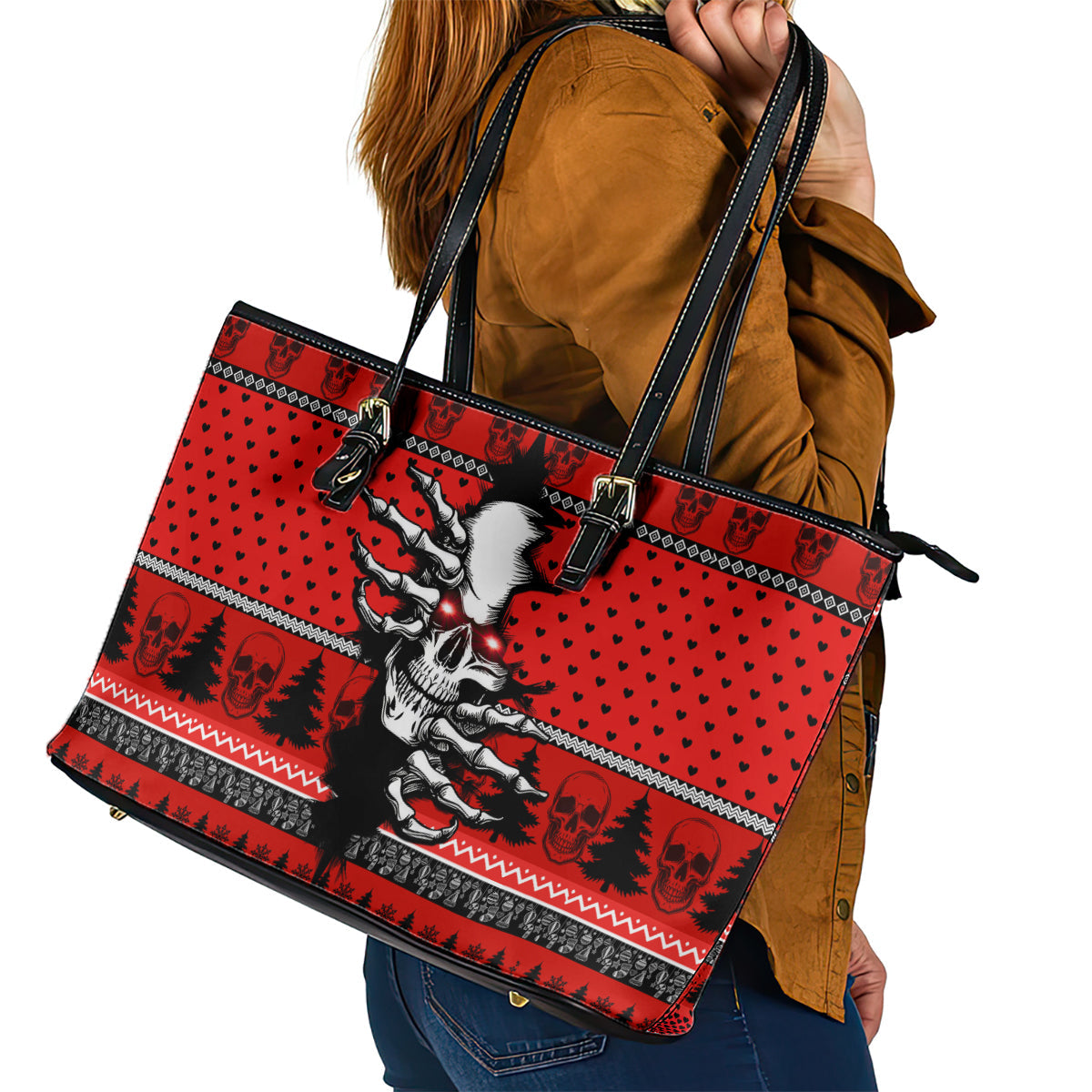 Skull Santa Leather Tote Bag Pattern Skull Santa Ugly Christmas DT01
