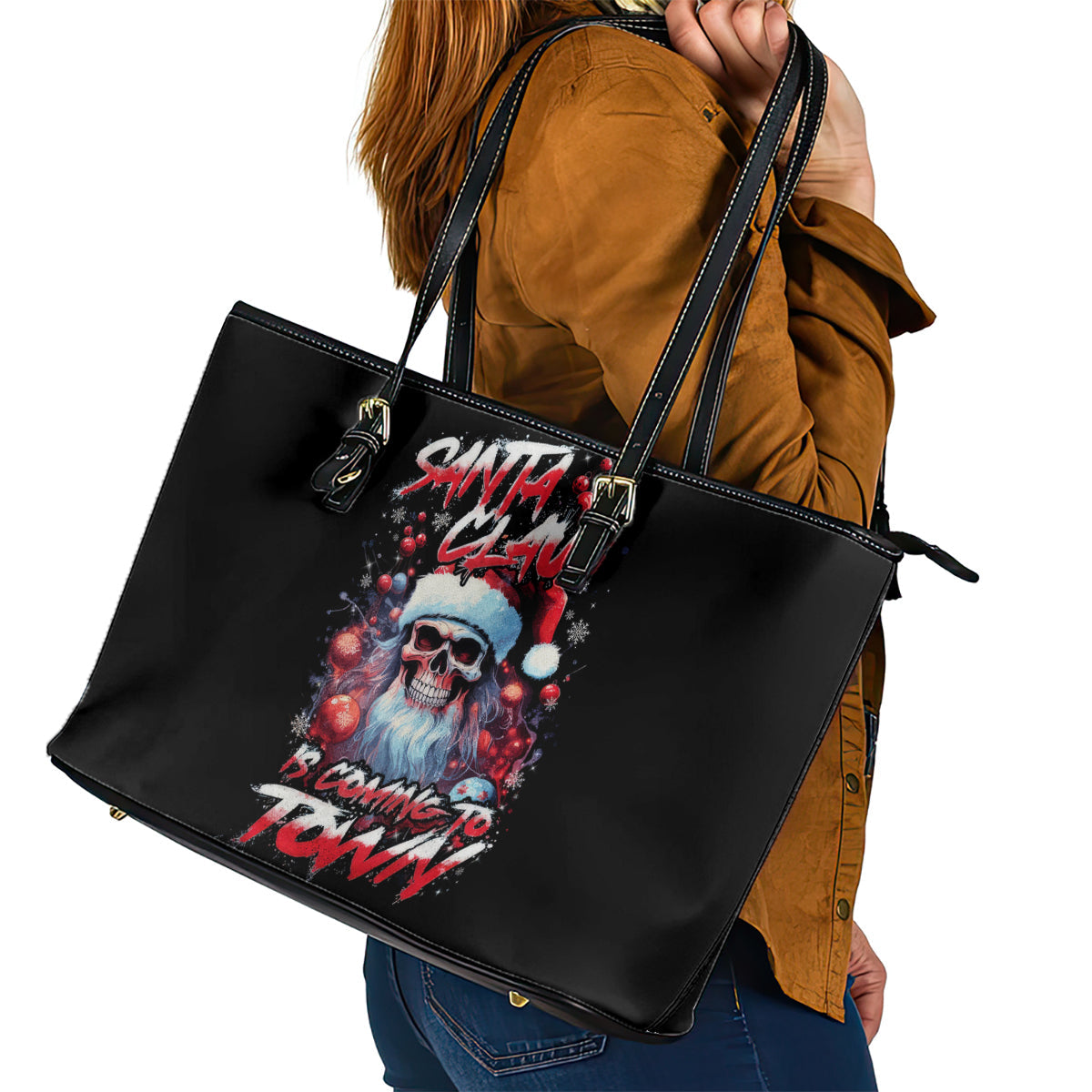 Skull Santa Claus Leather Tote Bag Santa Claus Is Coming To Town DT01