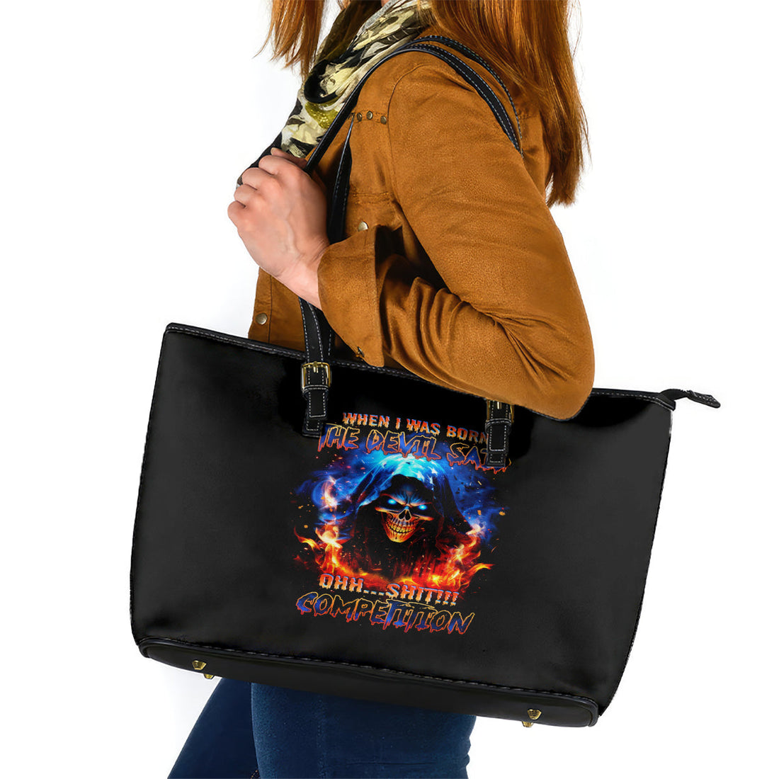 Flame Skull Leather Tote Bag When I Was Born The Devil Said Competition DT01