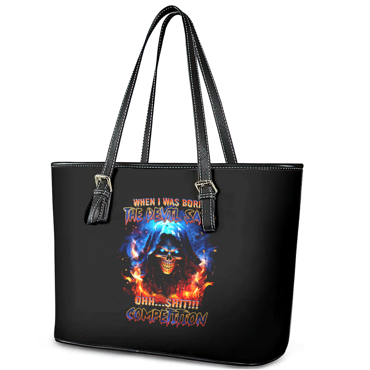 Flame Skull Leather Tote Bag When I Was Born The Devil Said Competition DT01
