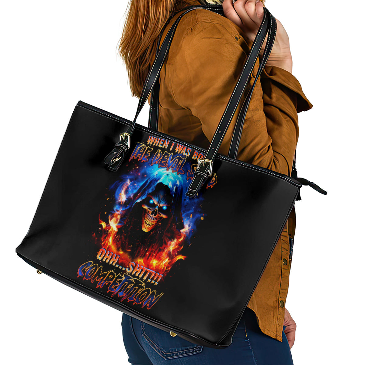 Flame Skull Leather Tote Bag When I Was Born The Devil Said Competition DT01