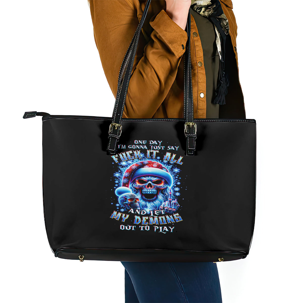Skull Santa Claus Leather Tote Bag One Day Say Fuck Itt All And Let My Demons Out DT01