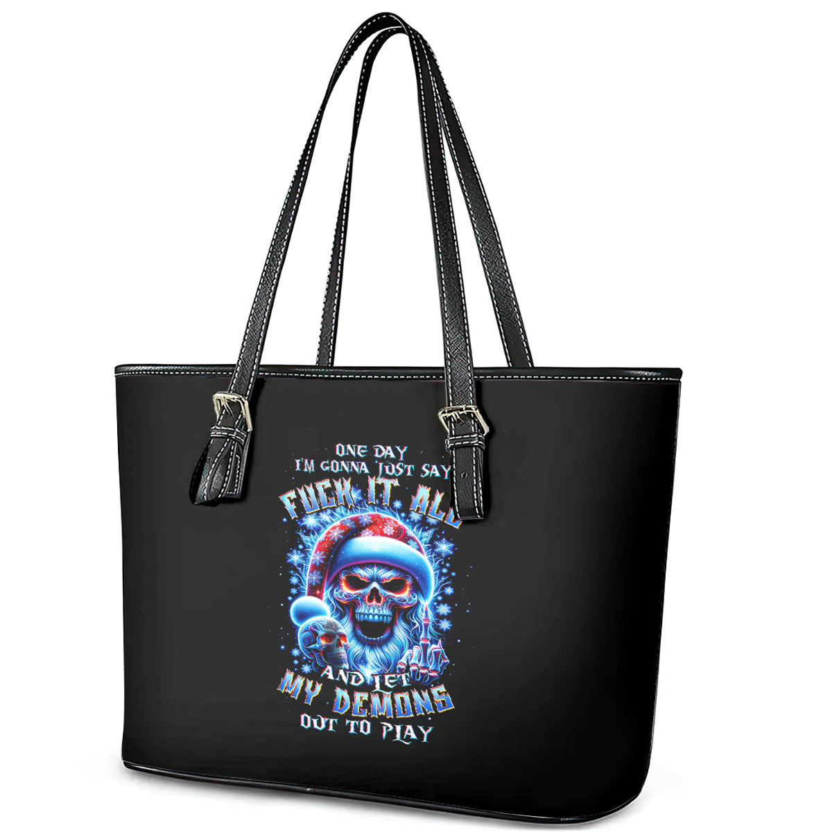 Skull Santa Claus Leather Tote Bag One Day Say Fuck Itt All And Let My Demons Out DT01