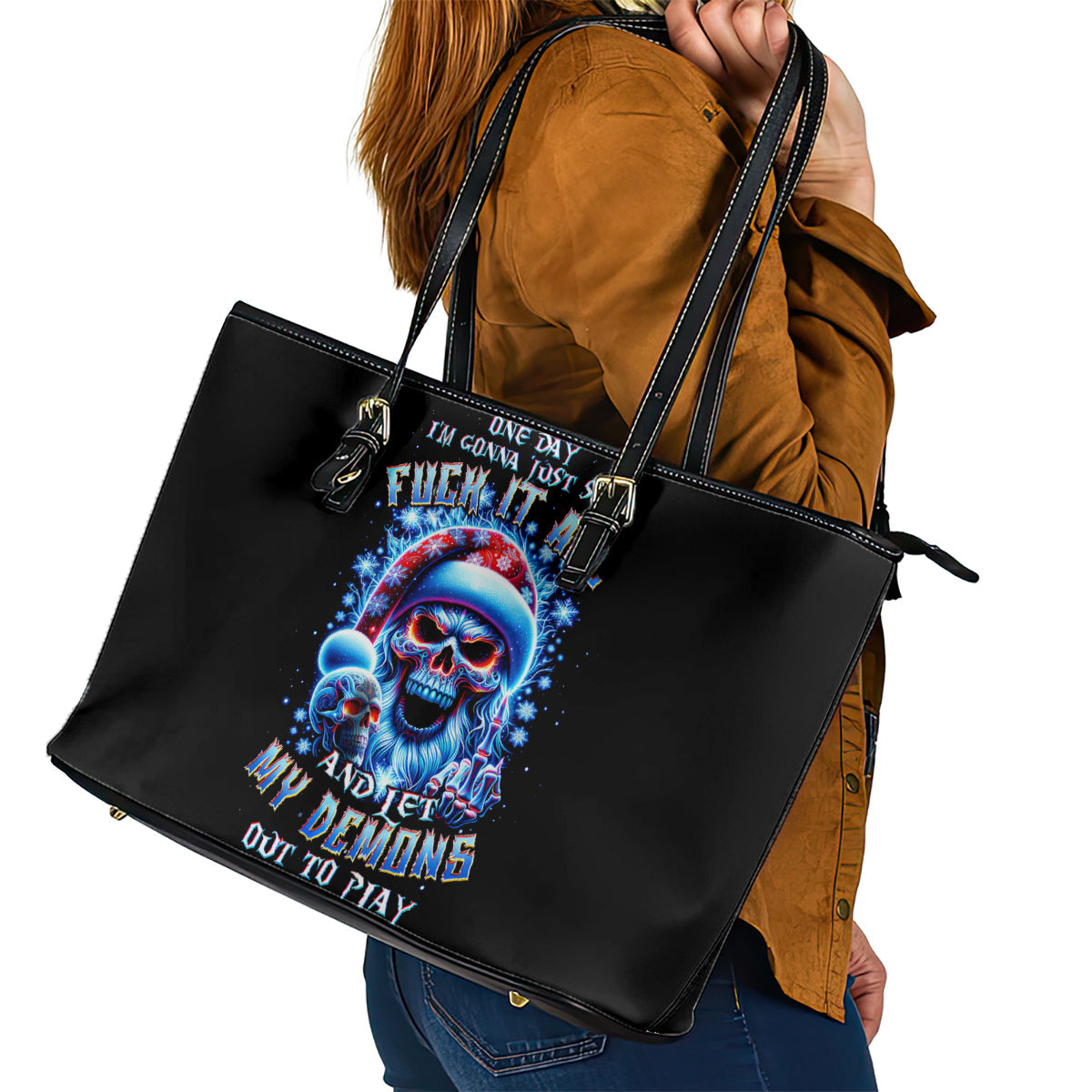 Skull Santa Claus Leather Tote Bag One Day Say Fuck Itt All And Let My Demons Out DT01