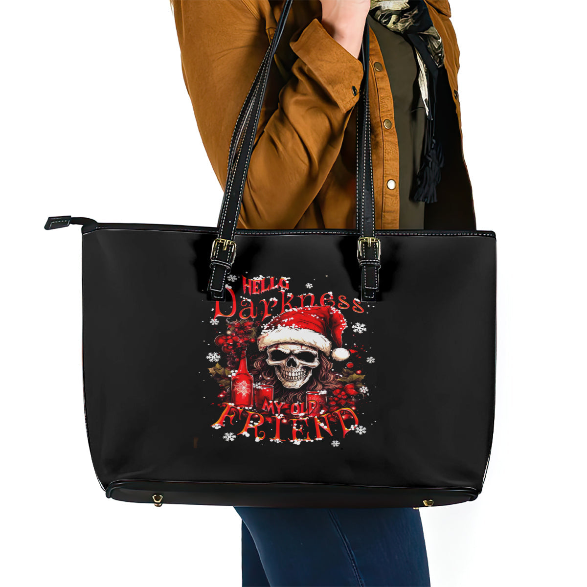 Skull Santa Claus Leather Tote Bag Hello Darkness My Old Friend DT01