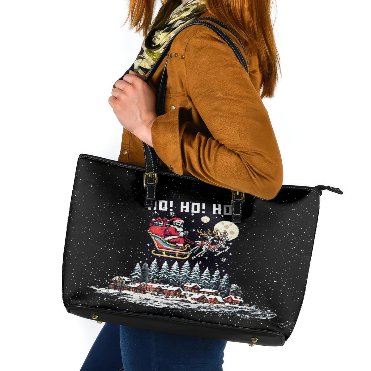 Skeleton Santa Claus Leather Tote Bag Santa Is Coming Ho Ho Ho DT01