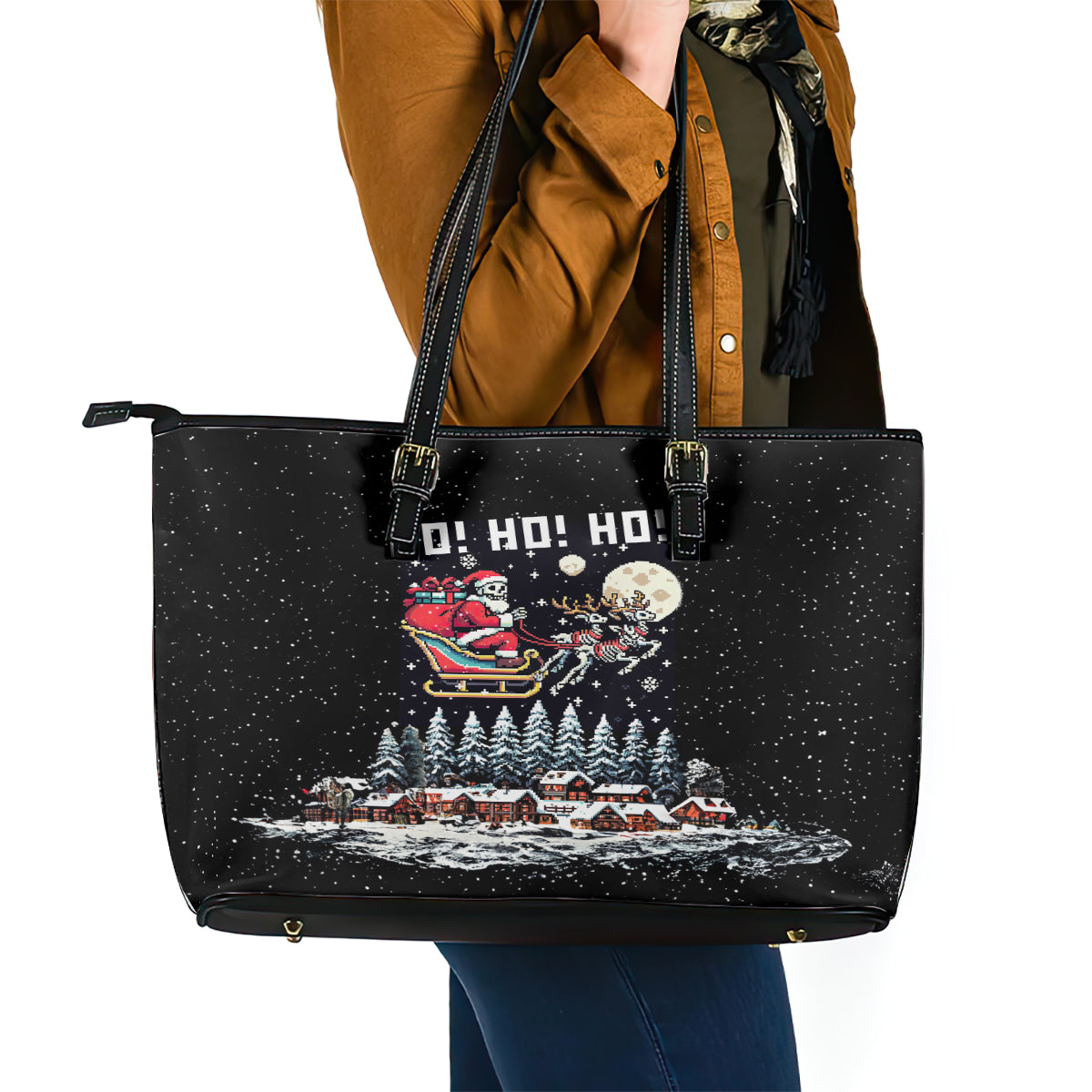 Skeleton Santa Claus Leather Tote Bag Santa Is Coming Ho Ho Ho DT01