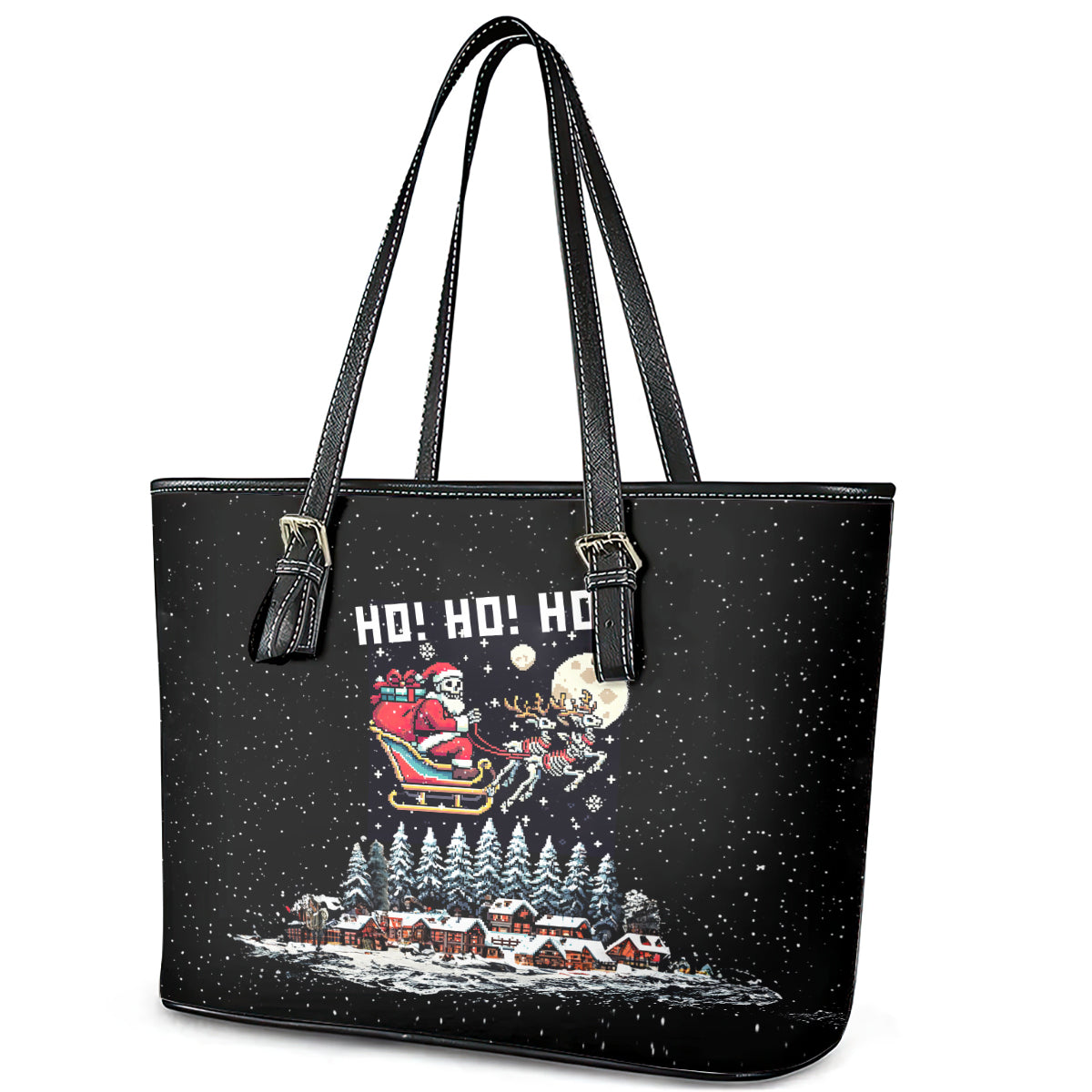 Skeleton Santa Claus Leather Tote Bag Santa Is Coming Ho Ho Ho DT01