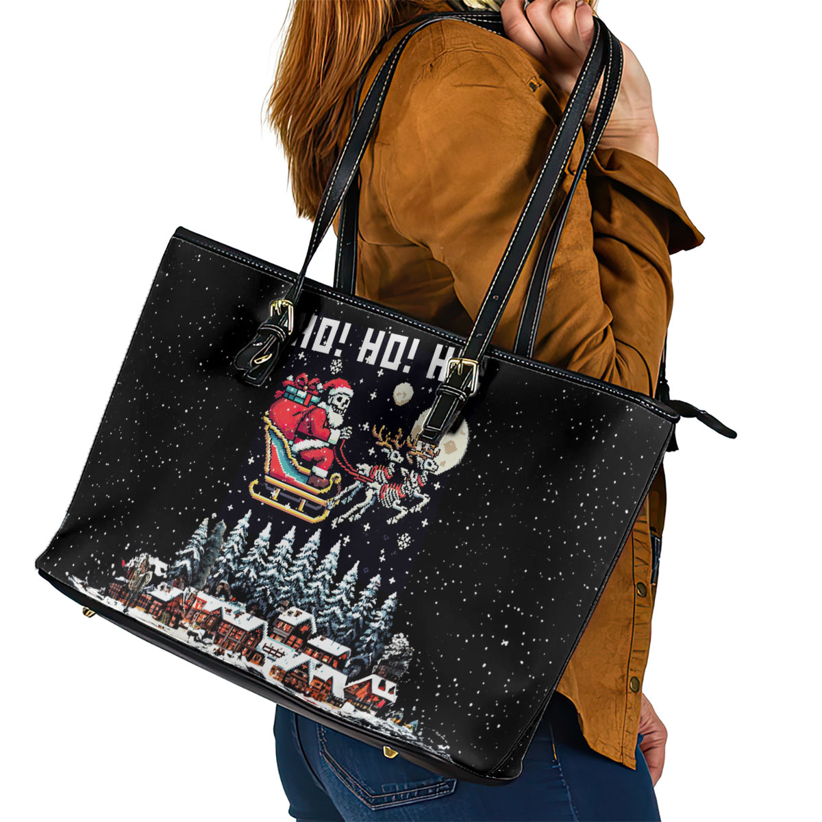 Skeleton Santa Claus Leather Tote Bag Santa Is Coming Ho Ho Ho DT01