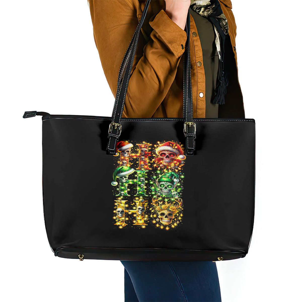 Sugar Skull Santa Leather Tote Bag Sugar Skull Ho Ho Ho DT01