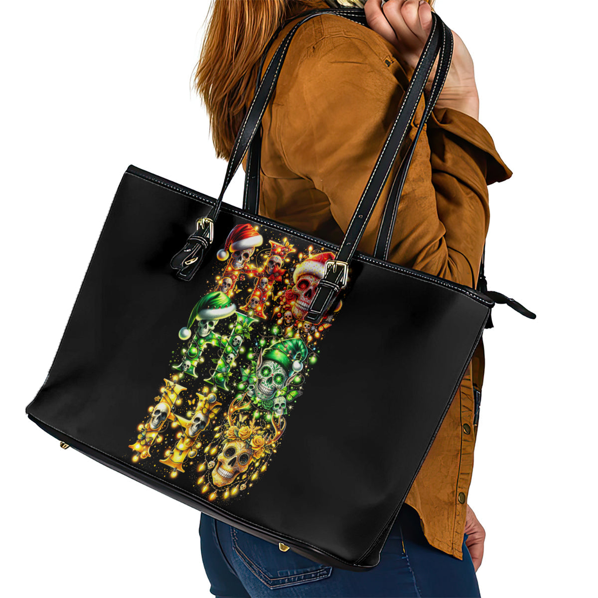 Sugar Skull Santa Leather Tote Bag Sugar Skull Ho Ho Ho DT01