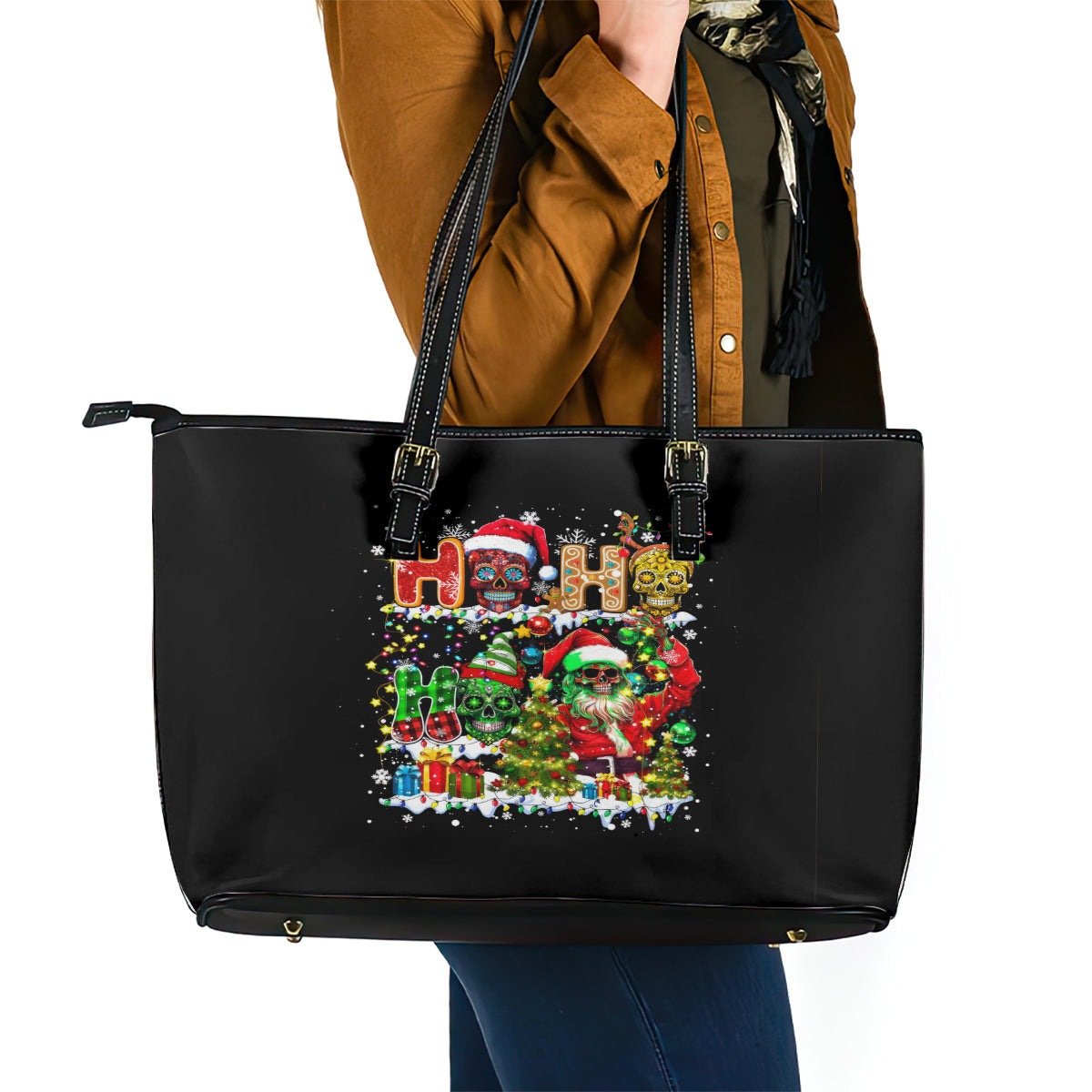 Skeleton Santa Claus Leather Tote Bag Sugar Santa Claus Ho Ho Ho DT01