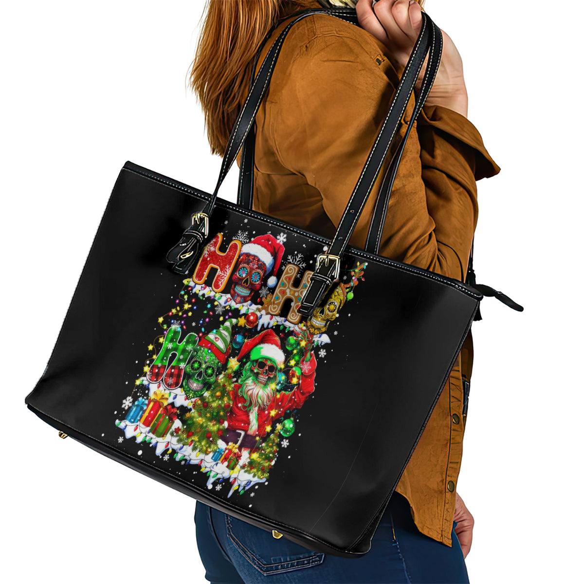 Skeleton Santa Claus Leather Tote Bag Sugar Santa Claus Ho Ho Ho DT01