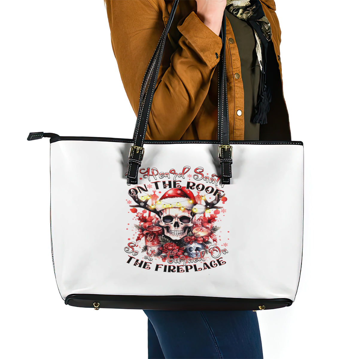 Skull Santa Claus Leather Tote Bag I Heard Santa On The Roof So I Turned On Fireplace DT01