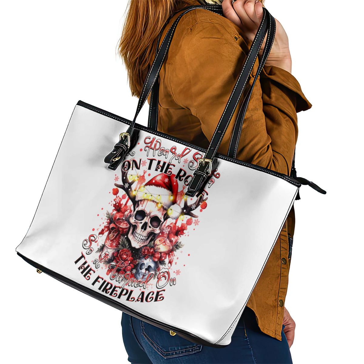 Skull Santa Claus Leather Tote Bag I Heard Santa On The Roof So I Turned On Fireplace DT01